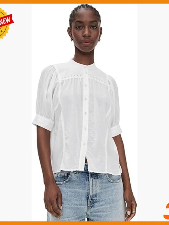 Tops - Embroidered Puff-Sleeve Band-Collar Shirt, Lightweight Voile Fabric